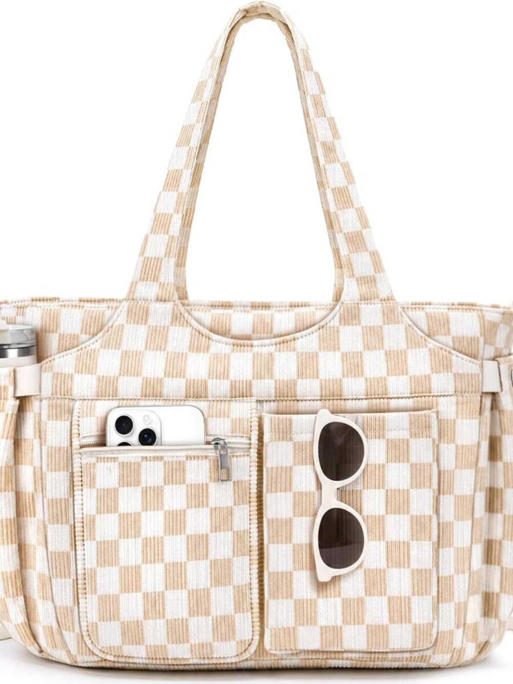Corduroy Tote Bag for Women, Laptop Work Tote with Cup Holder